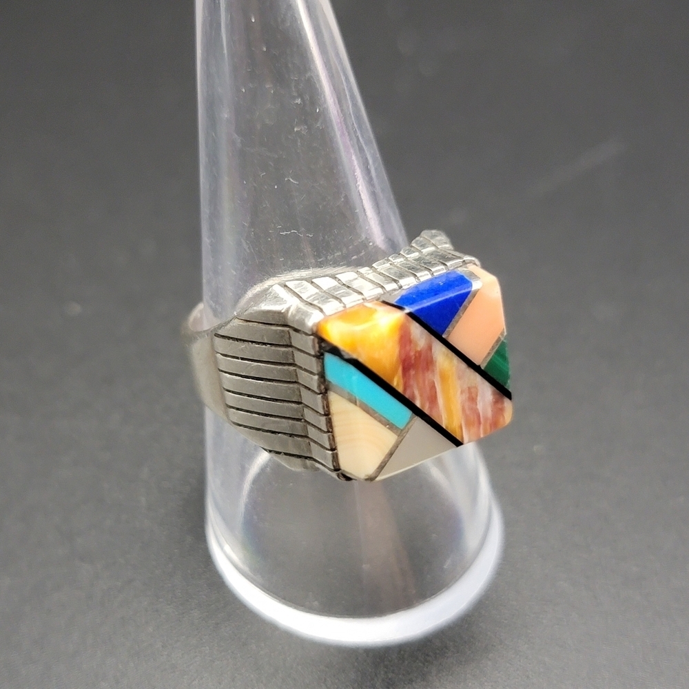 VTG Navajo Signed R. Jack Inlay Sterling Silver Lapis Turquoise MOP Coral Tribal